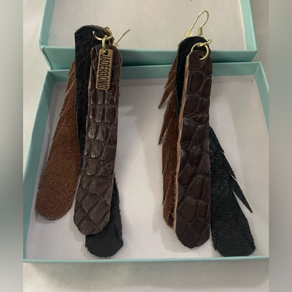 Brown Black Textured Leather Fringe Earrings